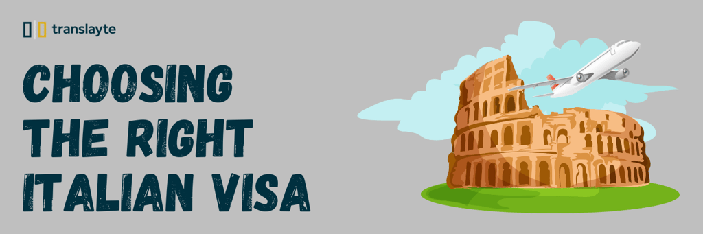 an airplane flying over an illustration of the colosseum, how to choose the right italian visa for you
